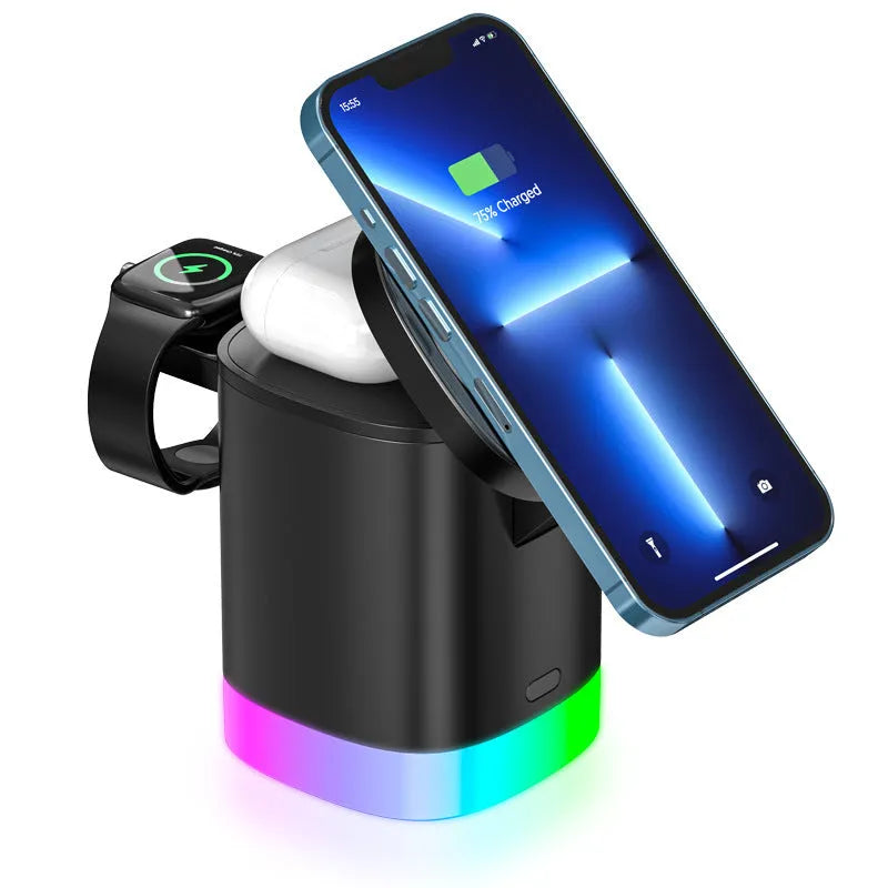 Black foldable 3-in-1 magnetic wireless charging station showing phone, watch and earbuds charging simultaneously.