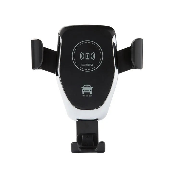 Black car wireless charger mount showing phone clamped automatically with ventilation installation