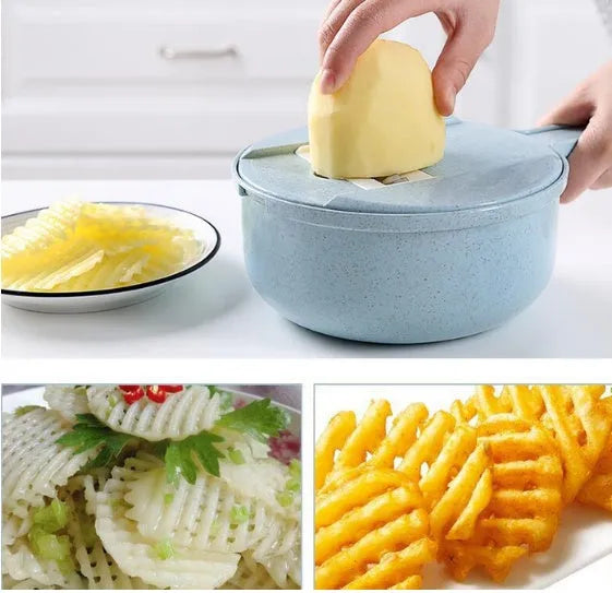 8 In 1 Mandoline Slicer vegetable slicer with stainless steel blades, strainer, and hand guard in blue