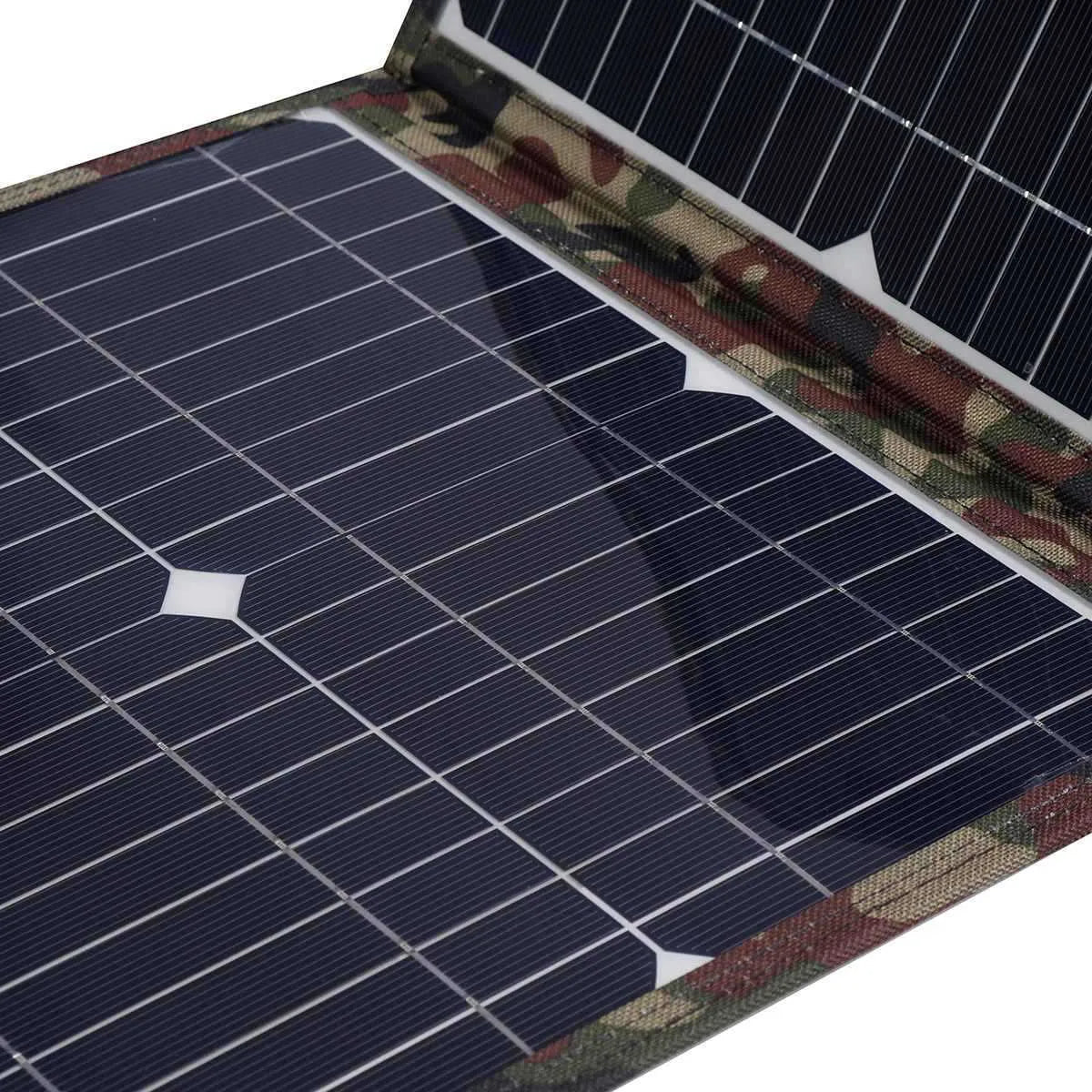 Black foldable 36W portable solar panel with car charger and USB accessories unfolded to 87cm width