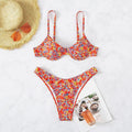 Women's high waist floral split swimsuit in red polyester, available in sizes S M L XL