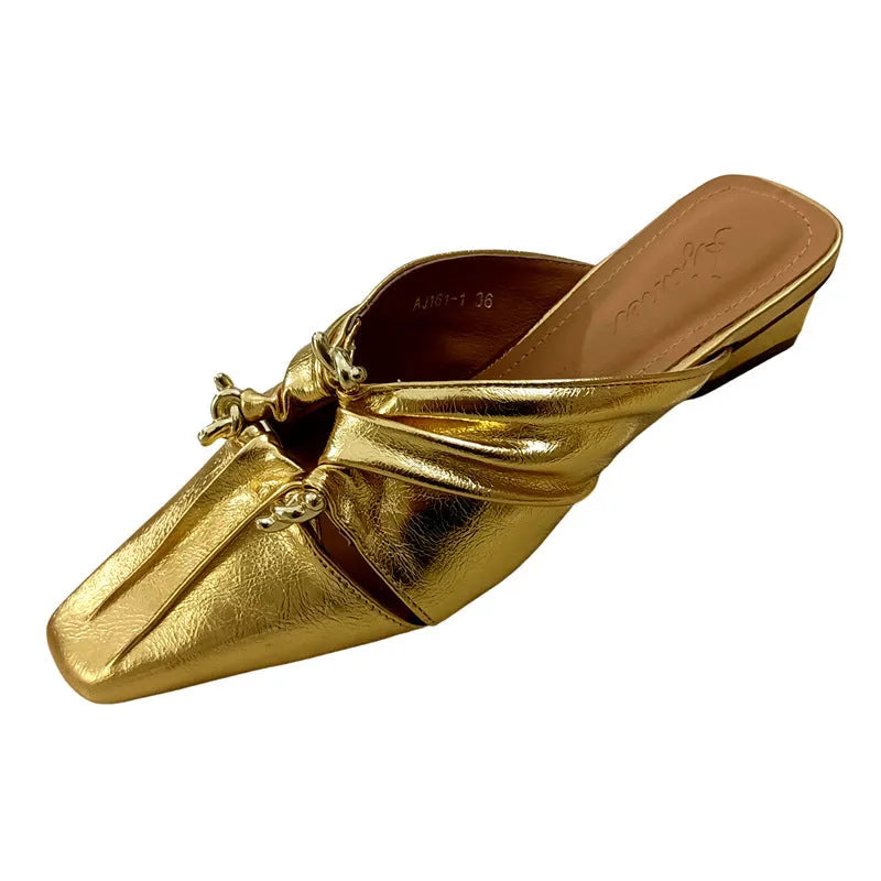 Women's genuine leather half toe cap slippers in metallic colours with square toe and TPR sole