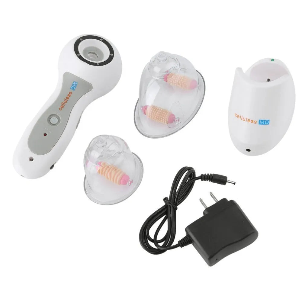 White portable body massage vacuum cans device with two different massaging rollers and AC adapter