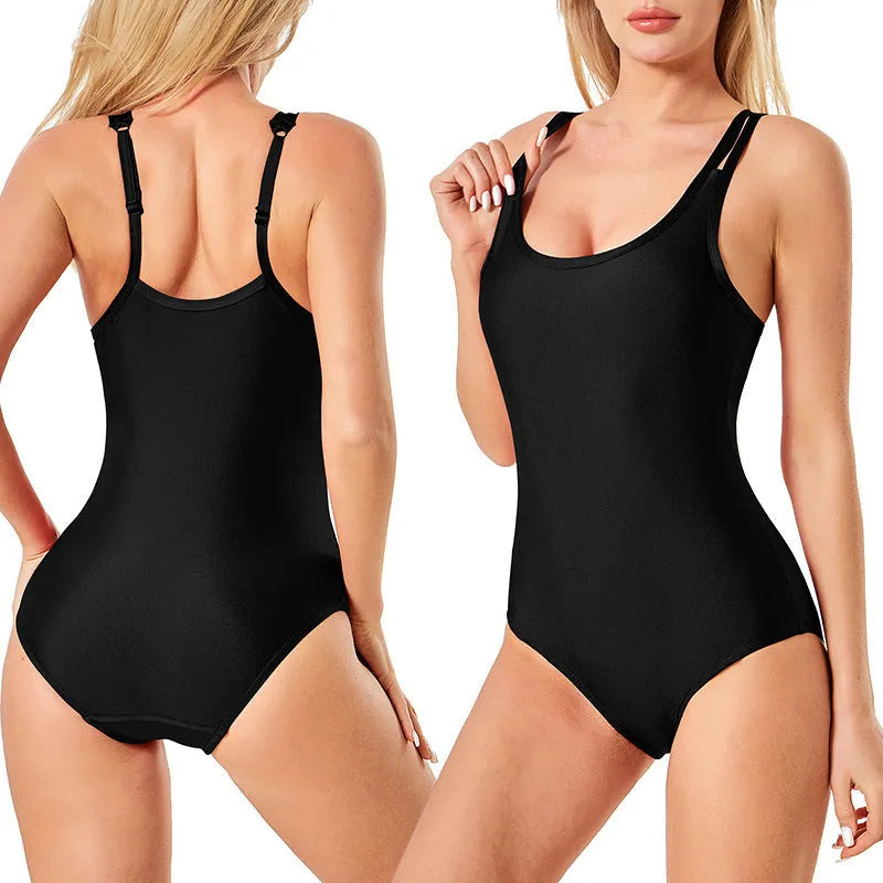 Black solid colour brief style ladies nylon swimsuit for swimming and wading sports
