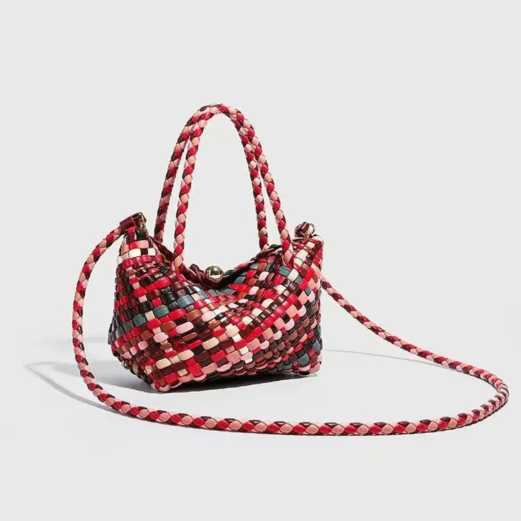 Women's colour handmade woven shoulder bag with PU construction measuring 18×11×14cm