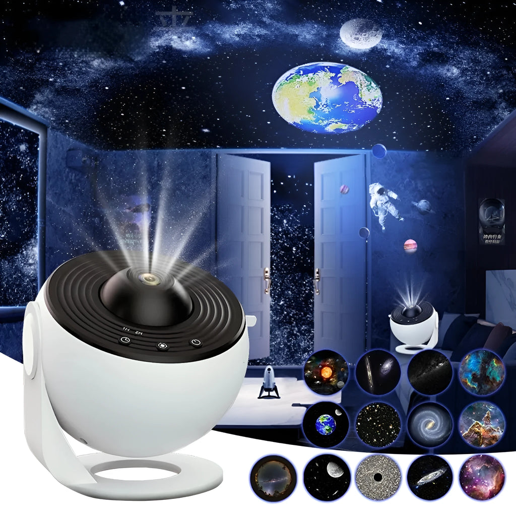 Globe galaxy starry sky atmosphere light projector with USB cable, shown in black finish with star pattern displayed on ceiling