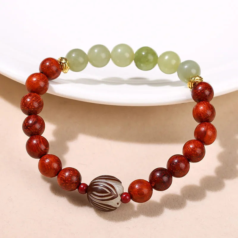 Red rosewood and gray jade Bodhi lotus bracelet with 12mm beads and Chinese style design