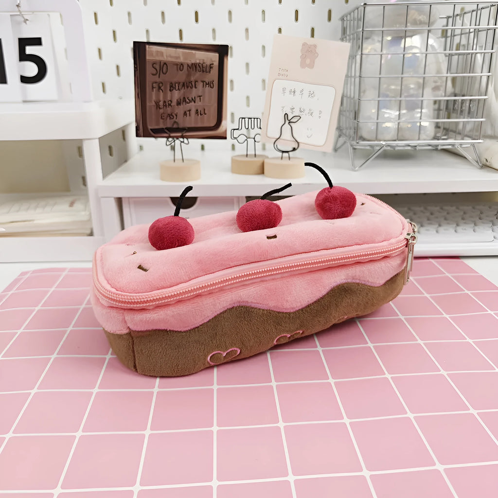 Cherry Cake coloured velvet plush pencil bag in Korean style on a surface.