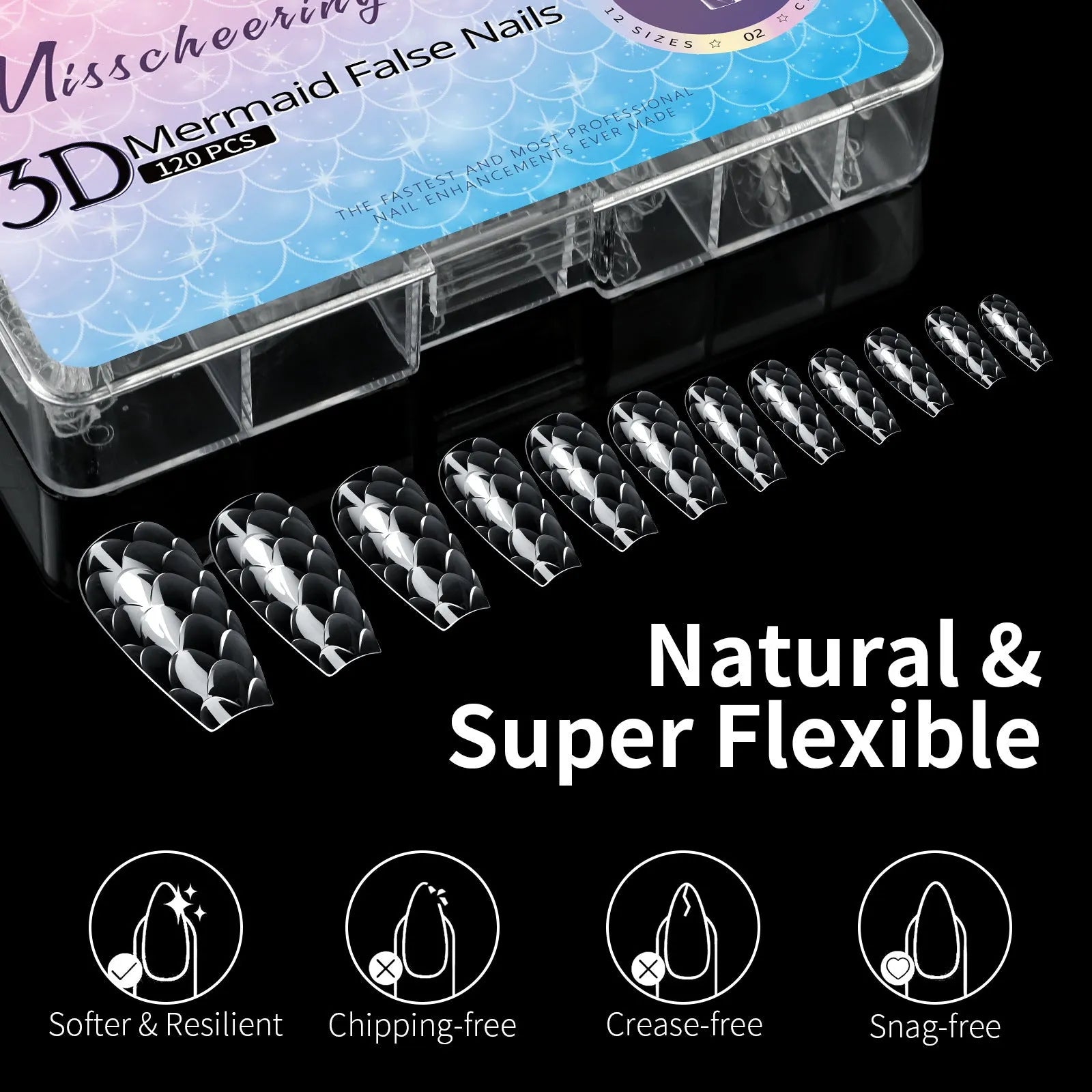 Box of 3D scale long shaping artificial nail tips for stiletto and coffin nail art designs.