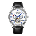 Men's stainless steel mechanical watch with hollow dial, sapphire glass, and leather strap.