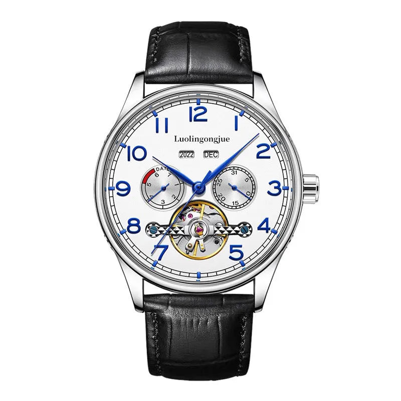 Men's stainless steel mechanical watch with hollow dial, sapphire glass, and leather strap.
