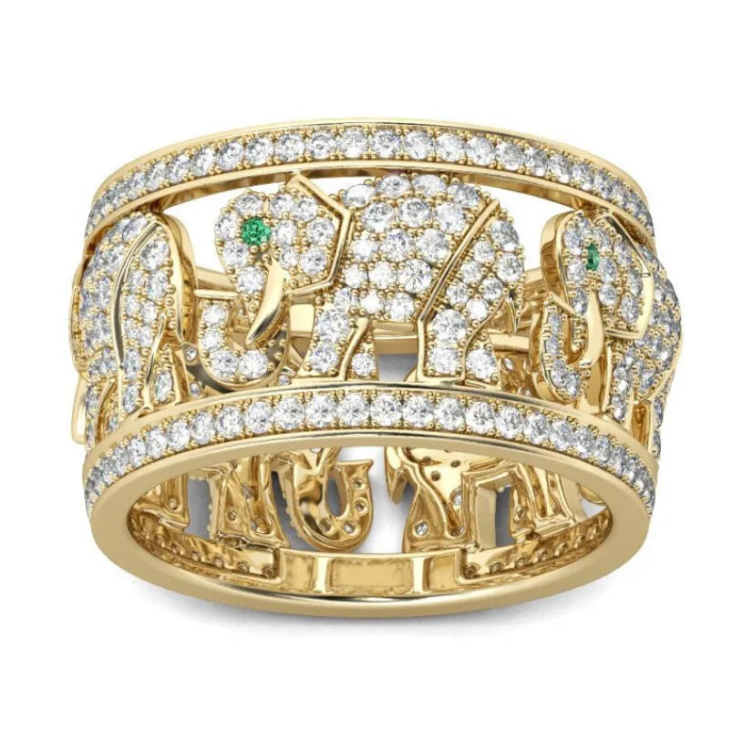 Creative full diamond elephant design fashion ring in electroplated alloy on a hand.