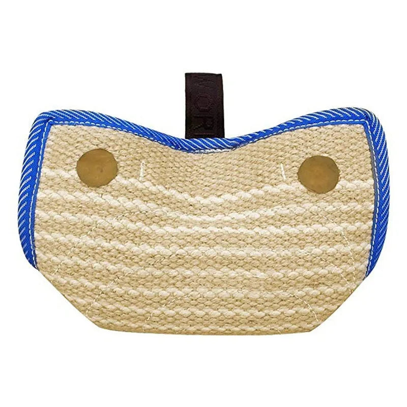Dog training bite pillow in linen and blue border with double stitching and two soft rope handles for tug-of-war