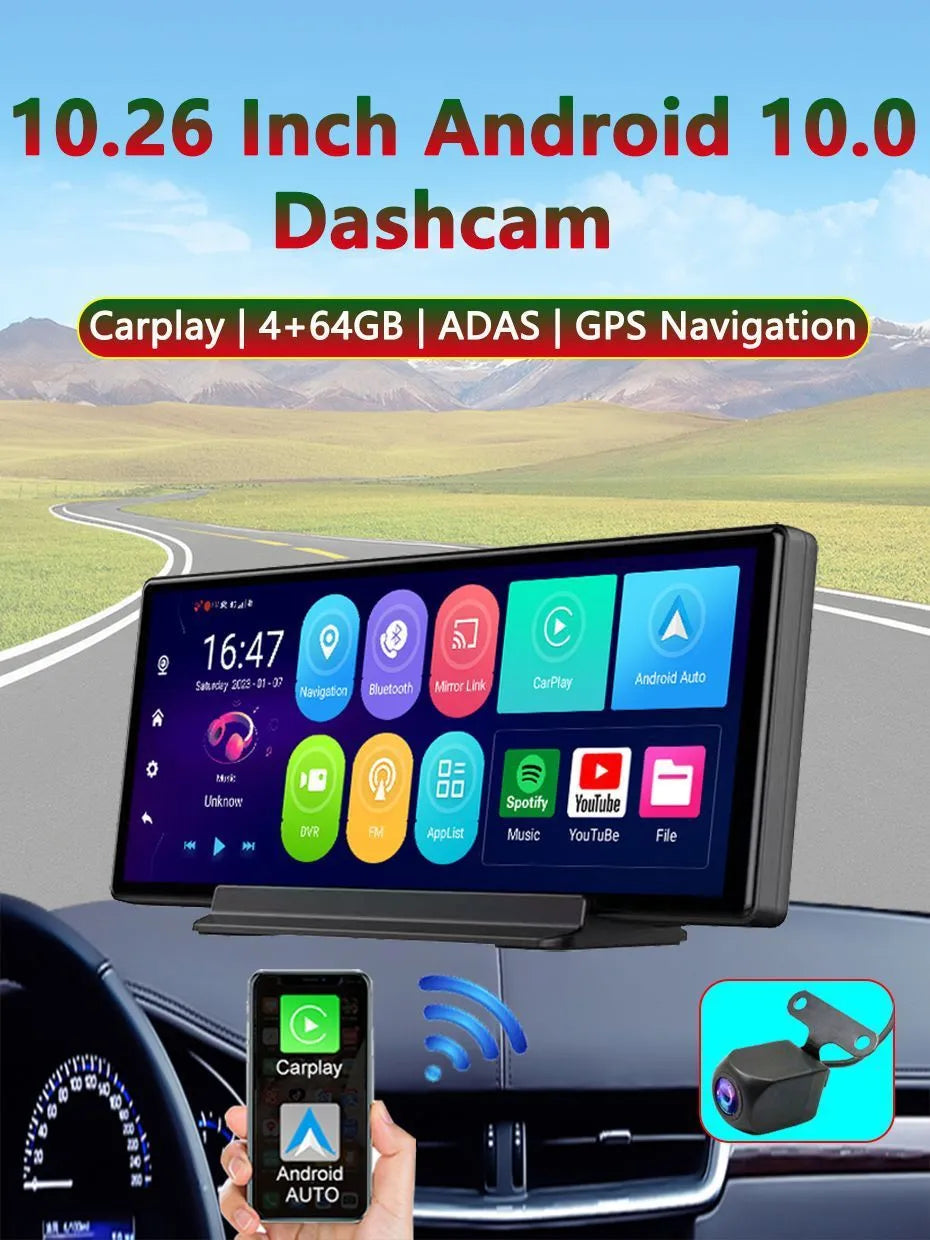 Black plastic centre console driving recorder with 170-degree wide-angle lens and touch screen interface