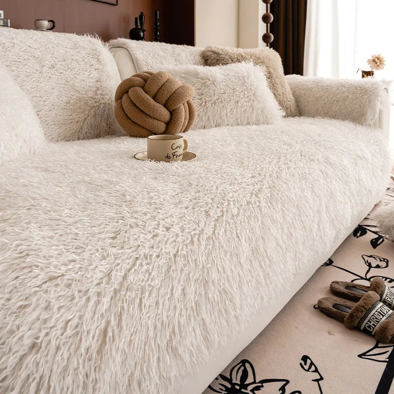 Thick plush sofa cushion in white or light khaki, cloth liner style dust cover, sizes 70cm to 240cm.