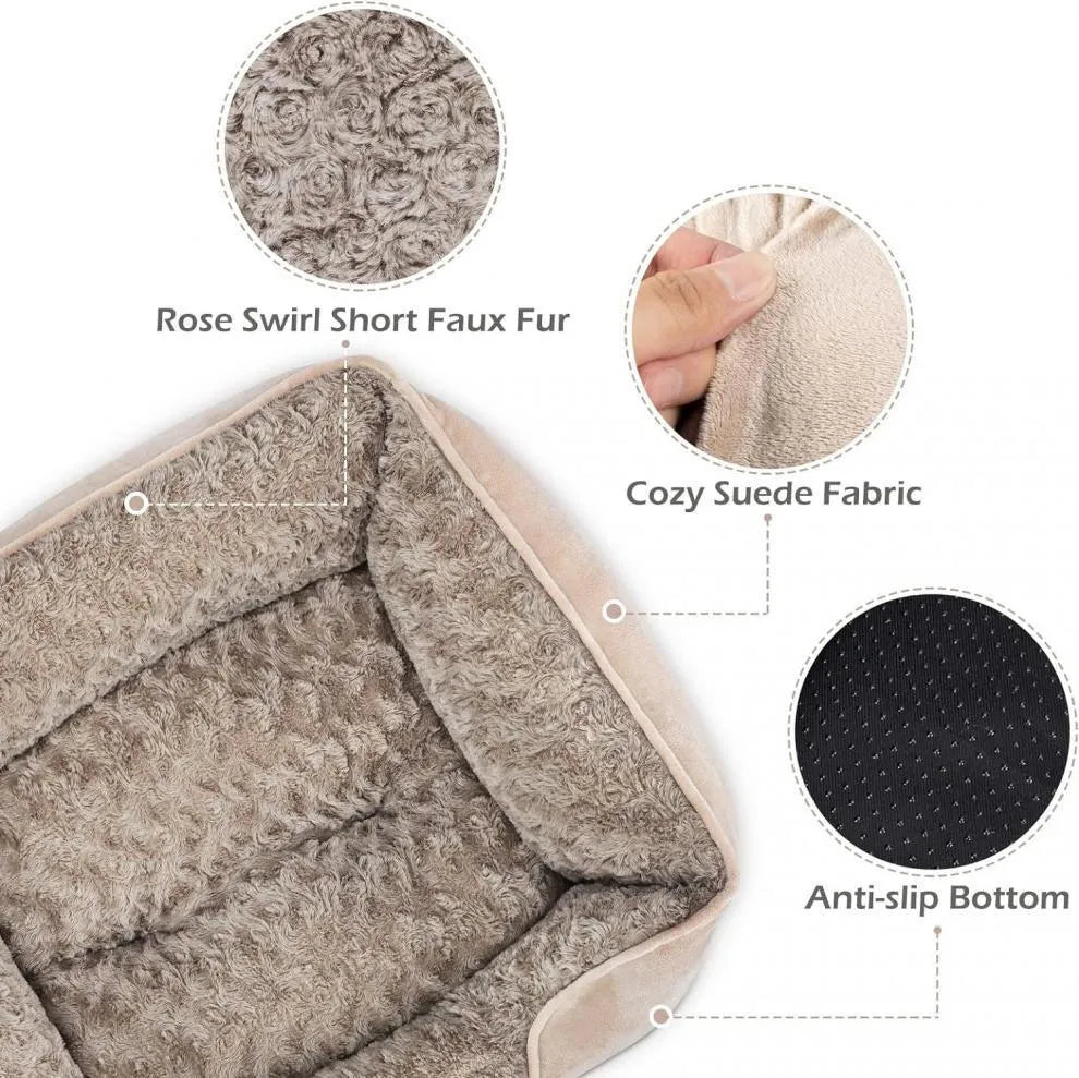 Golden retriever print plush pet kennel bed with raised sides, shown in beige colour.