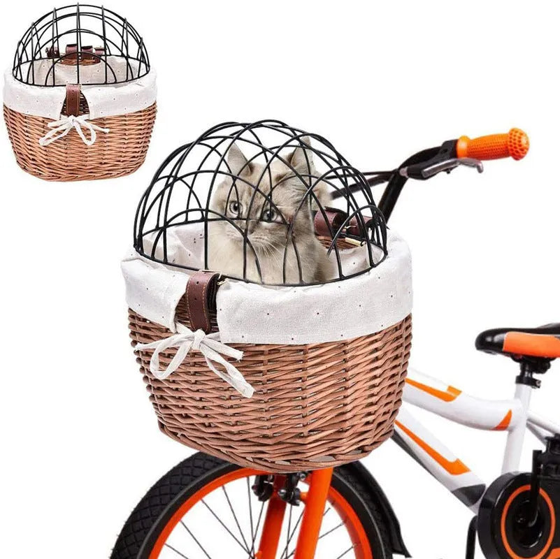 Honey-coloured wicker bicycle front handle basket medium size for cat or dog pet seat on road bicycle