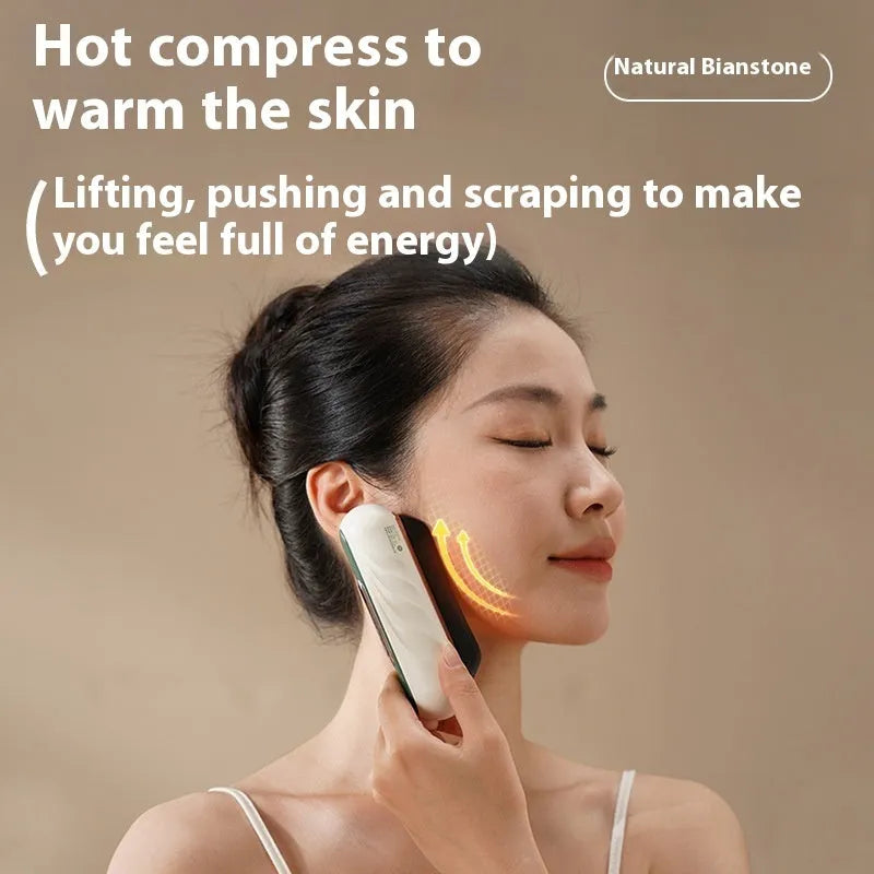 Electric Gua Sha plate facial massage tool with golden brass or stone finish