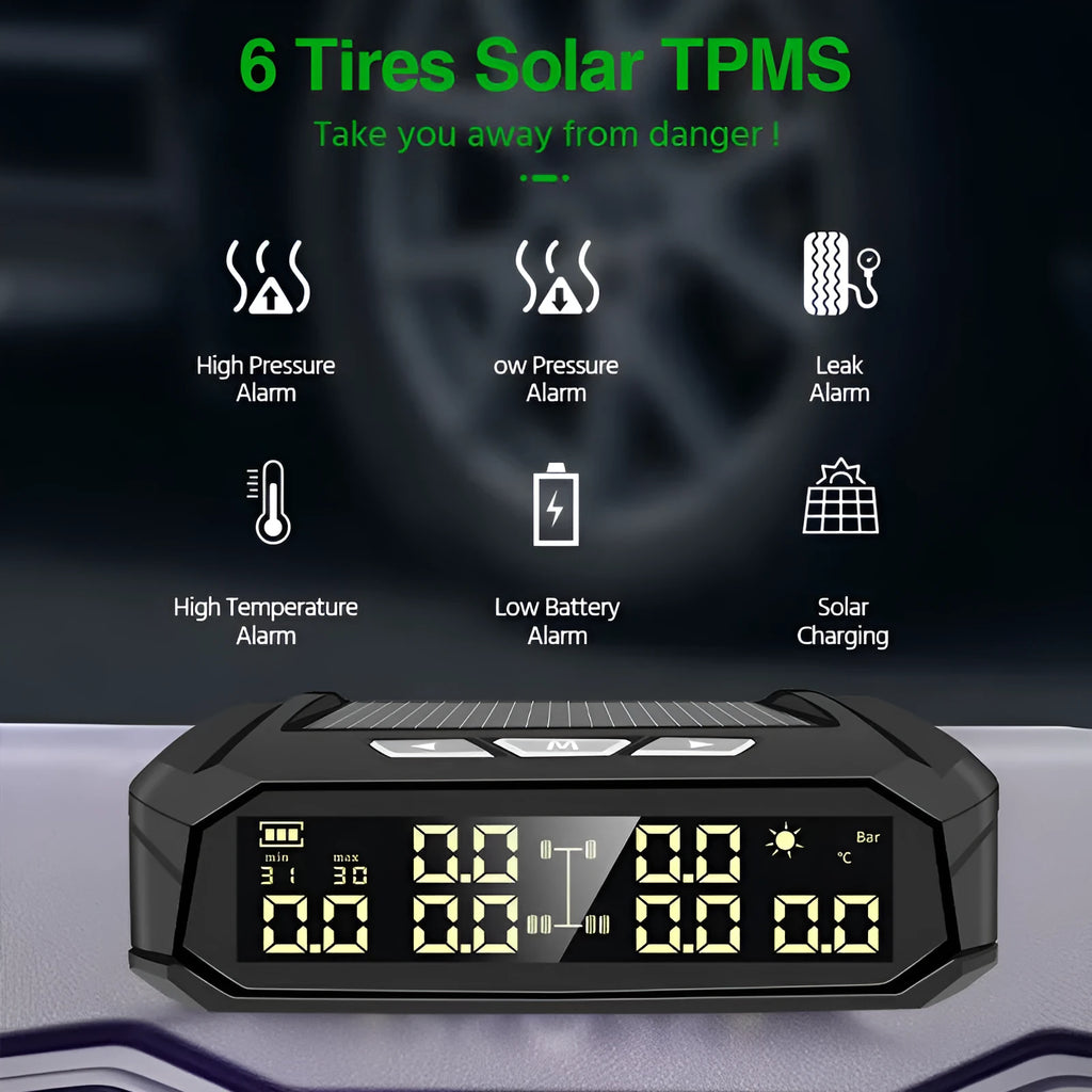 Solar external tyre pressure monitor display unit with colour screen next to six wireless sensors