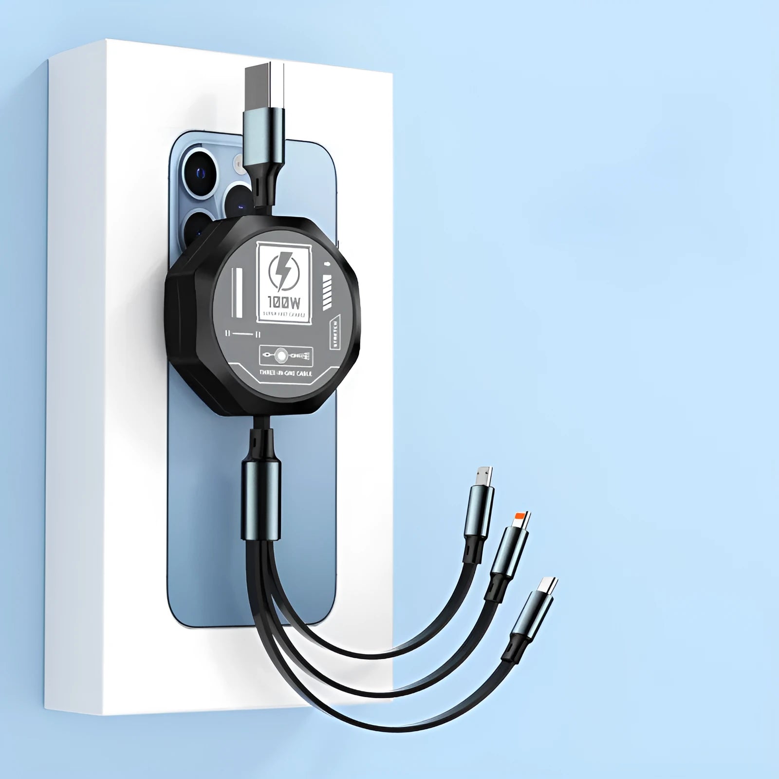 Telescopic three-in-one fast charge data cable with Type-C, Apple, and Android heads, 1.2m TPE wire, black colour