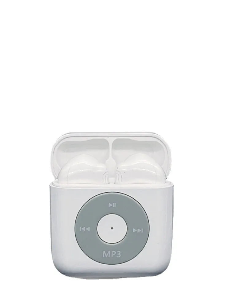 White wireless Bluetooth semi-in-ear earphones with a charging case on a plain background.