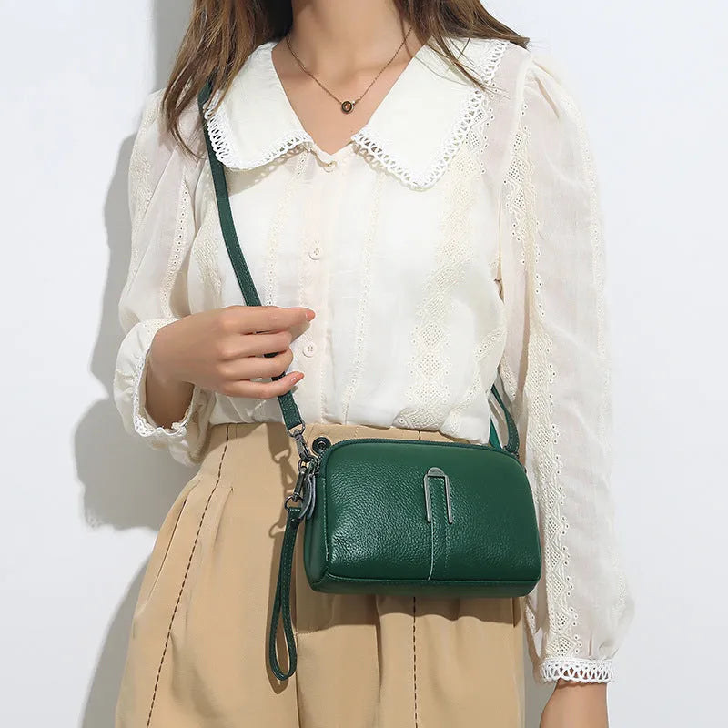 Genuine leather women's shoulder bag in a horizontal square shape, shown in dark khaki colour.