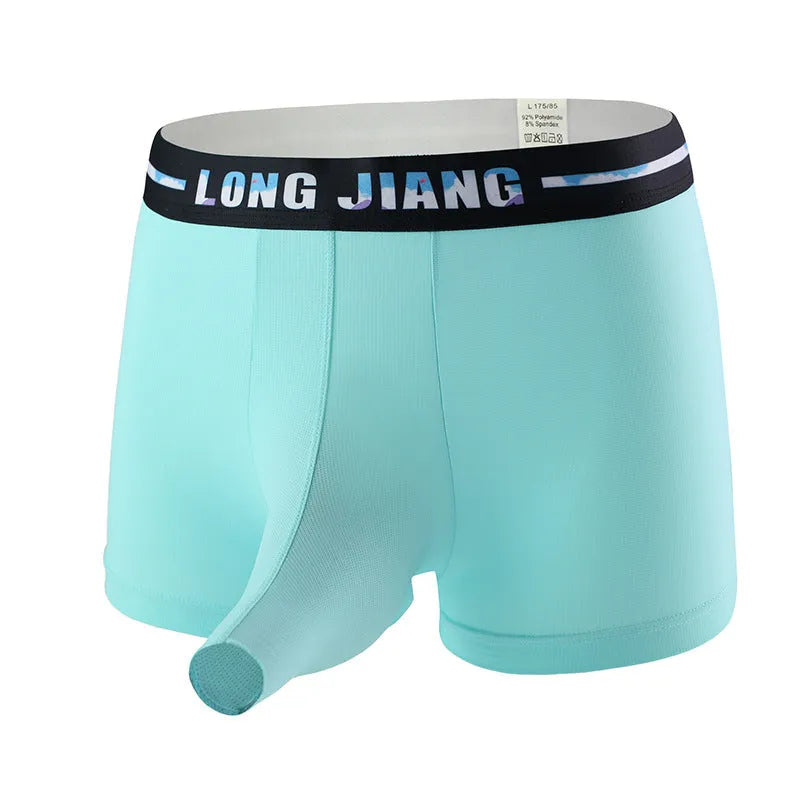 Men's solid-colour ice silk boxer shorts in a mid-waist trunk design on a white background