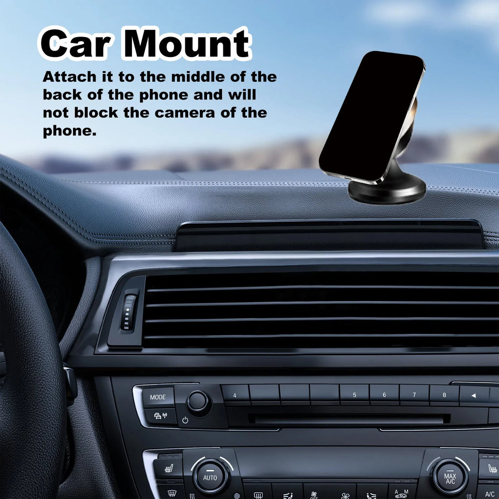Magnetic car foldable phone holder in black ABS plastic, 3.2x3.5cm, shown on a dashboard