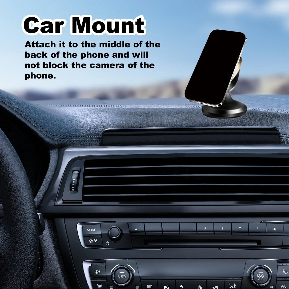 Magnetic car foldable phone holder in black ABS plastic, 3.2x3.5cm, shown on a dashboard