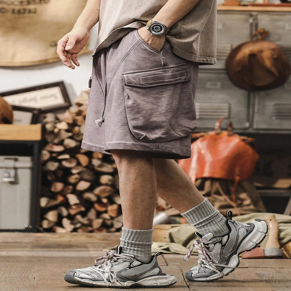 Men's cotton workwear shorts in dirty purple and dirty grey, straight leg, fifth length, sizes S to 4XL
