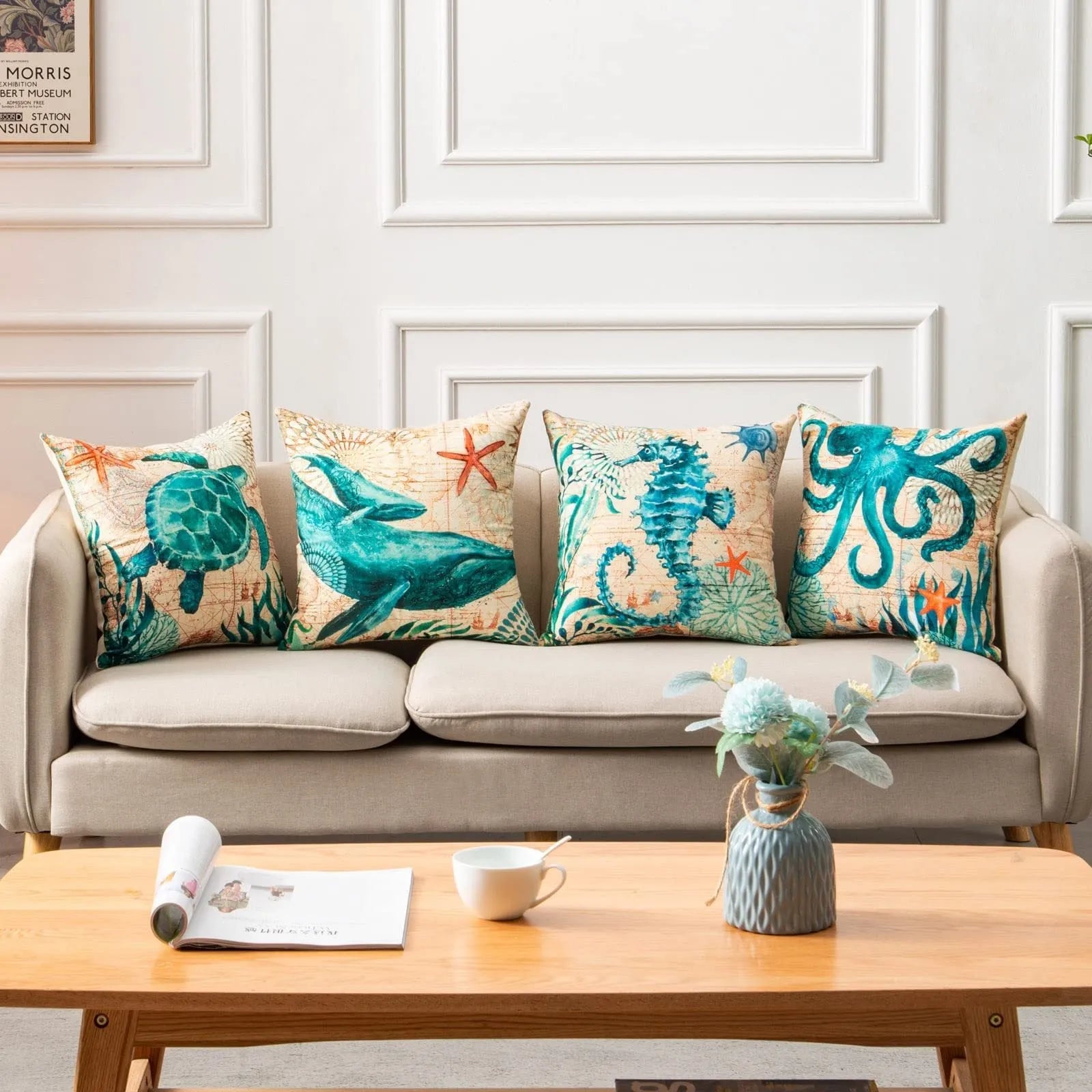 Square linen cushion cover with blue sea turtle print, showing invisible zipper closure.