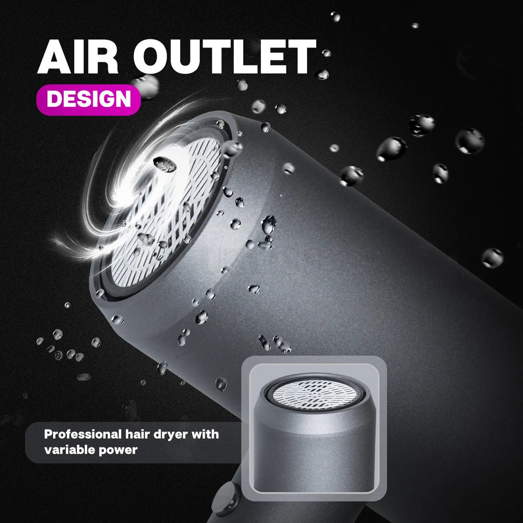 Grey household hair dryer with brushed motor, three speed gears, and air collector attachment on a white background