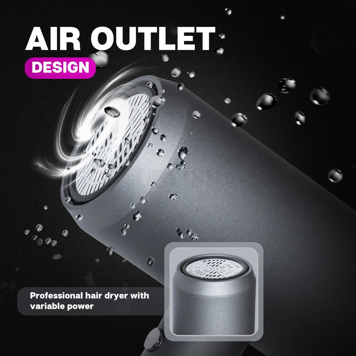 Grey household hair dryer with brushed motor, three speed gears, and air collector attachment on a white background