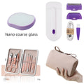 Electric hair removal instrument with Sensa-Light head, trimmer head, foil head, and accessories on white background