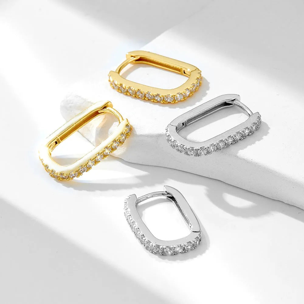 S925 sterling silver oval zircon ear clip studs in white or yellow with geometric design