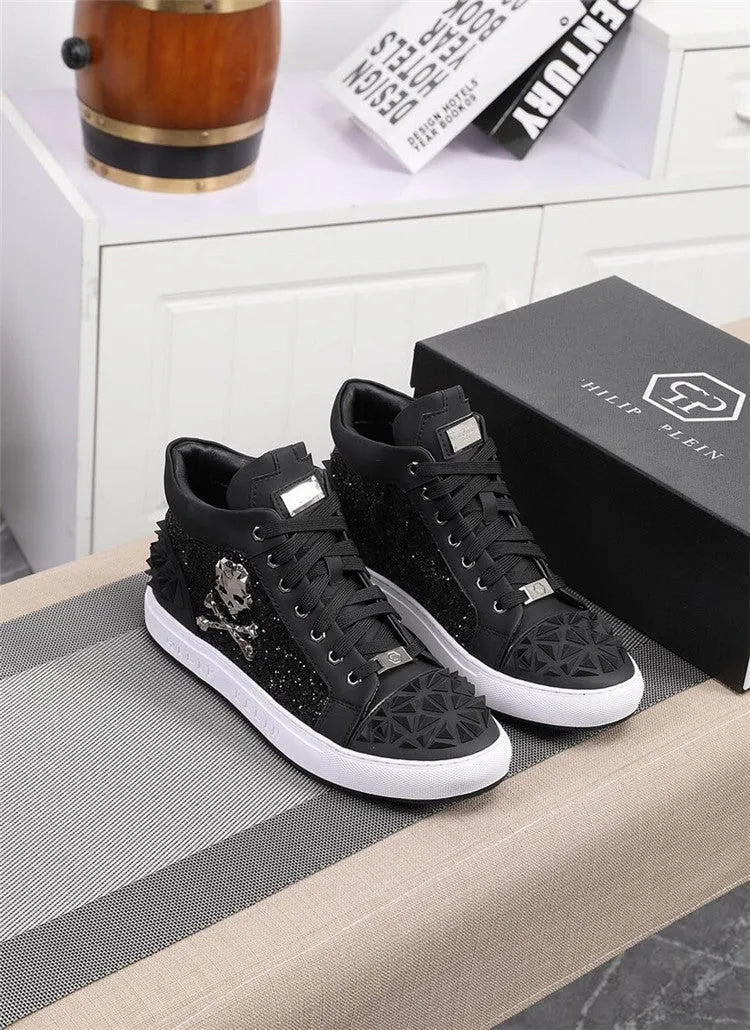 Men's black genuine leather skeleton high top shoes with a lace-up front and rubber sole.