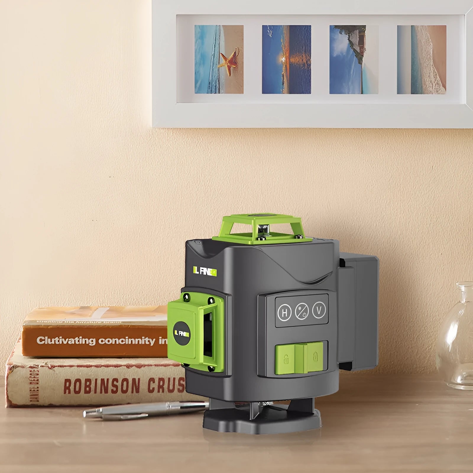 Green 16-line 3D laser level tool with nylon and aluminium housing on a work surface.