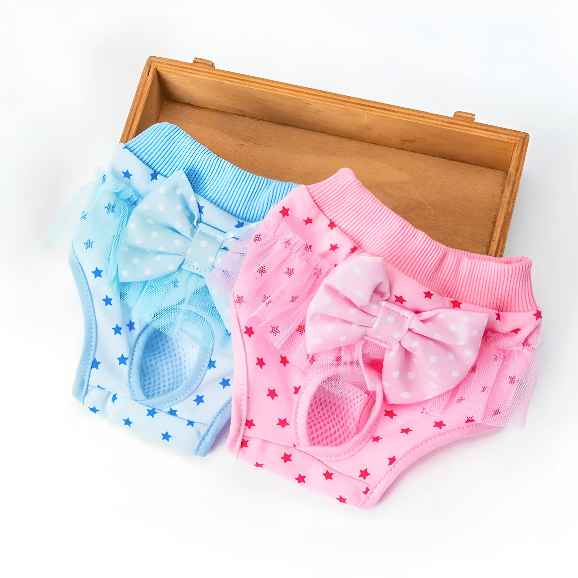 Cotton female canine menstrual panties with princess bowknot in pink bow colour, side view