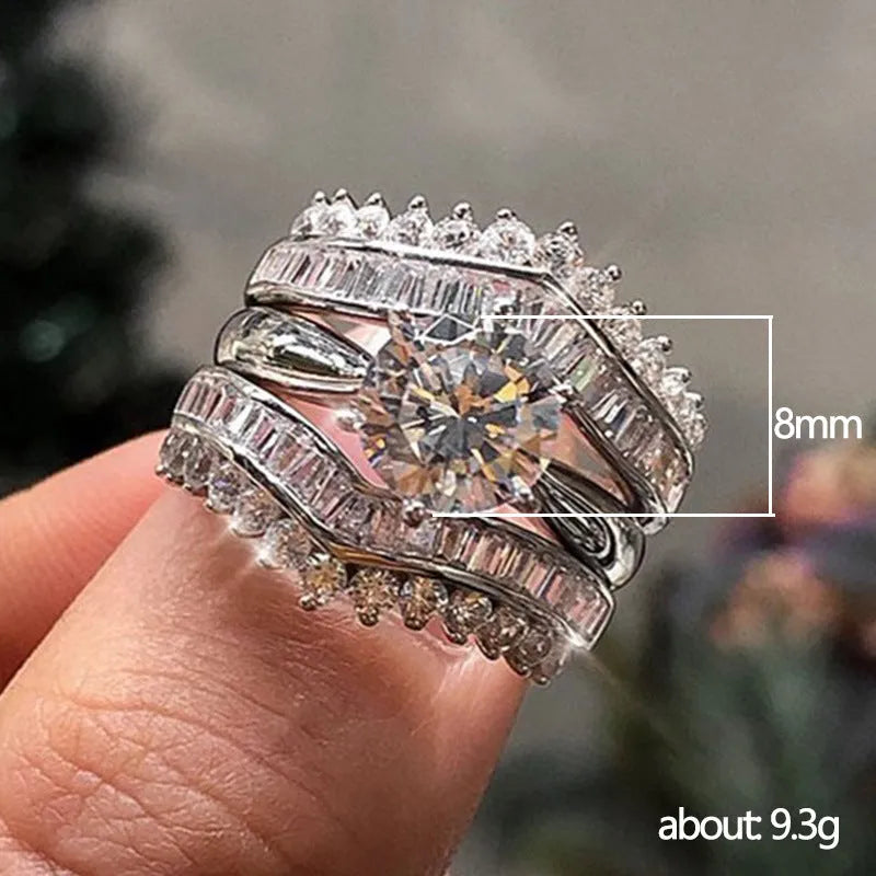 White gold colour geometric crown design ring with zircon inlay from couples three-piece matching set