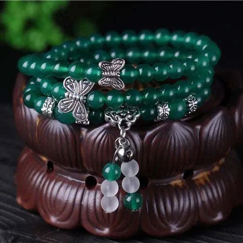Green agate multi-layer bracelet with three circle strands and adjustable chain closure