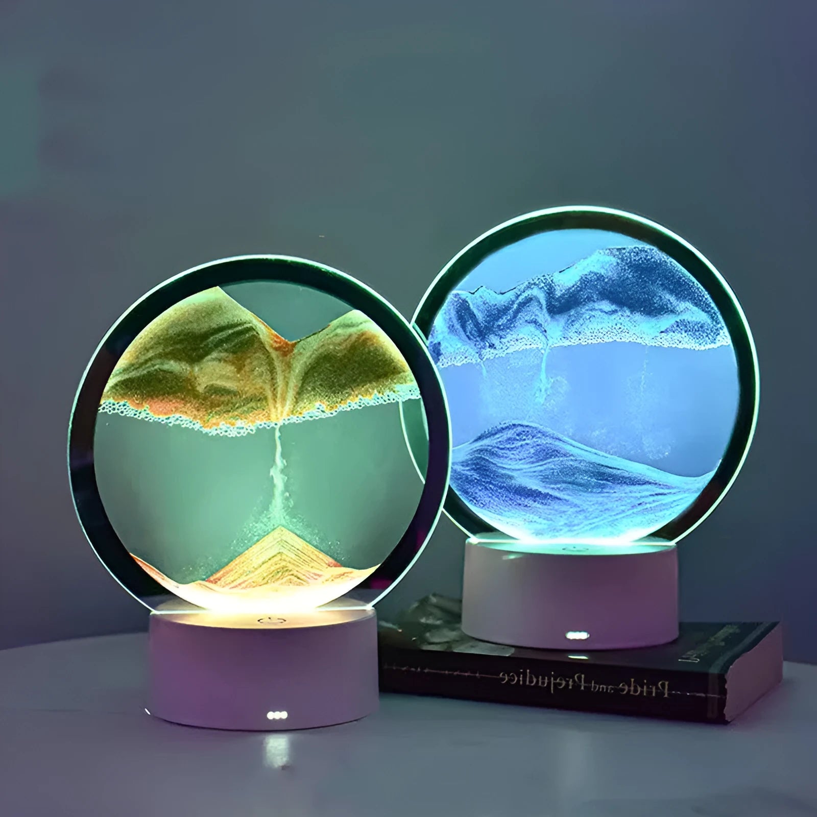 Creative 3D quicksand table lamp with glass shade and USB power cord on a nightstand.