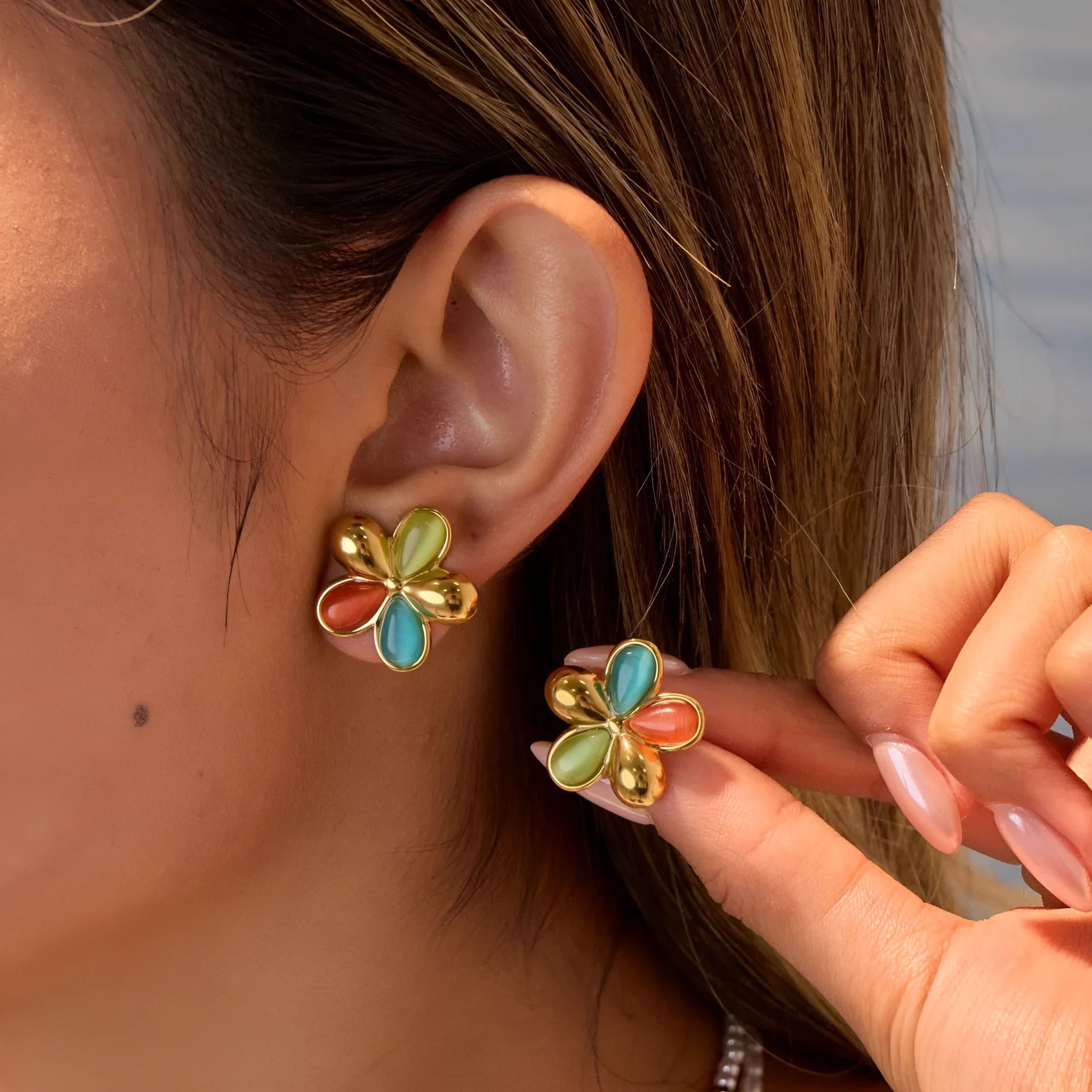 Colourful opal flower stainless steel stud earrings with 18K gold electroplated finish, pair of two earrings.