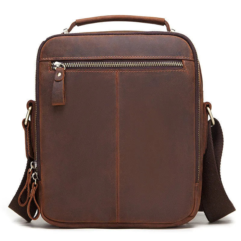 Men's brown Crazy Horse leather crossbody bag with sewing line details and shoulder strap
