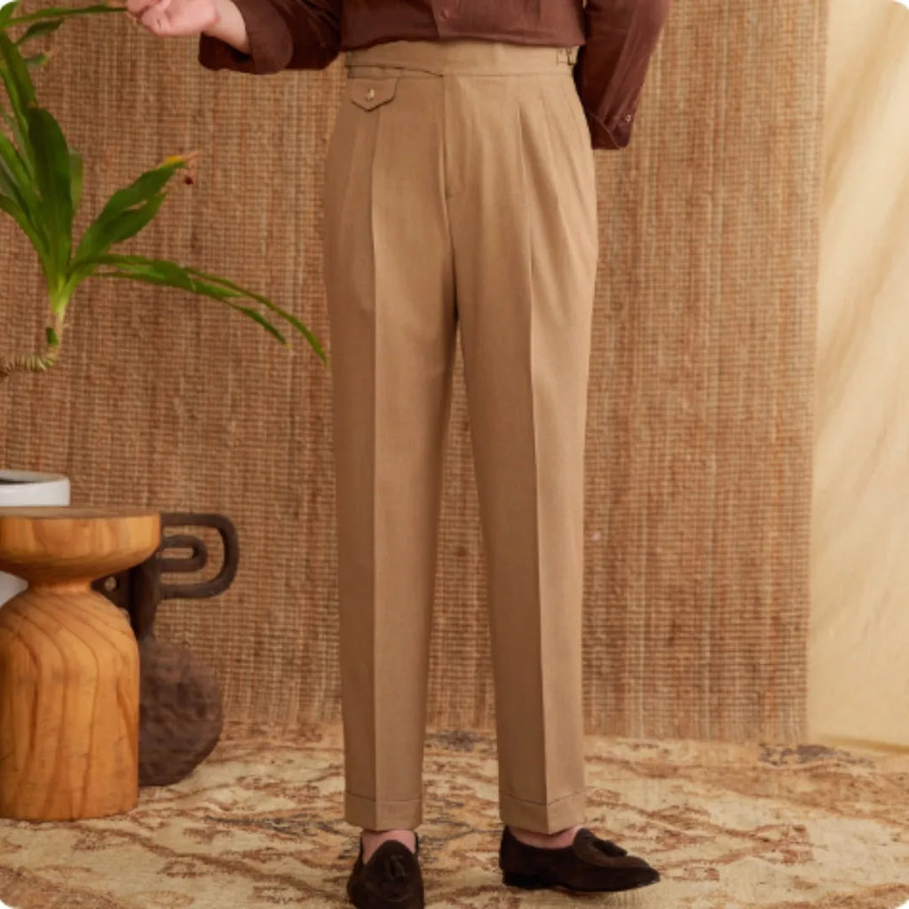 Men's slim fit straight leg business casual trousers in dark grey, light brown and light apricot colours