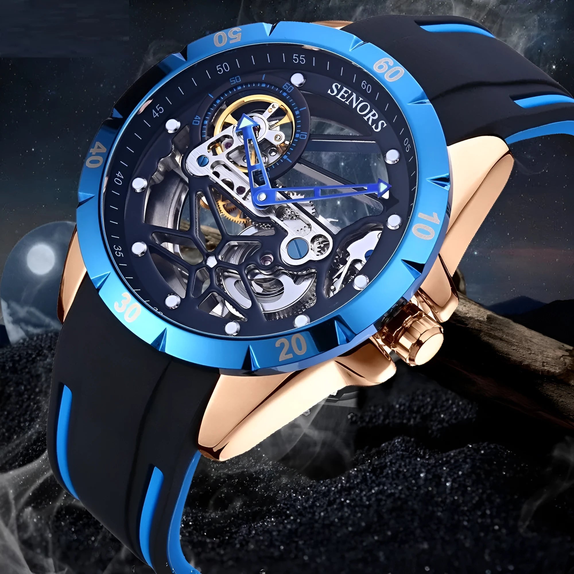 Men's rose gold automatic skeleton watch showing mechanical movement through hollow dial