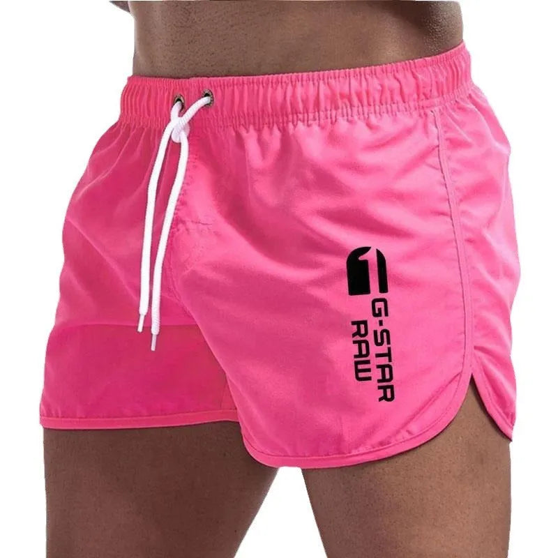 Men's thin hemp-blended polyester sports shorts in multiple colours on a size chart background.