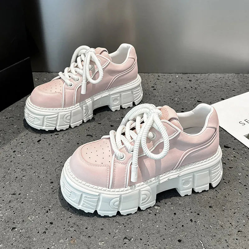 Beige and pink leather muffin bottom casual shoes with rubber foam soles