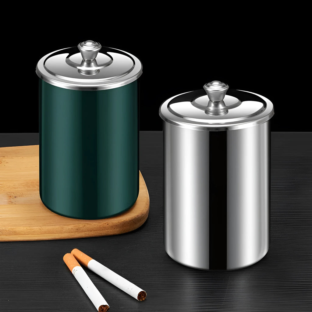 Stainless steel fly ash ashtray with cover in choice of colours, shown with funnel and smoke button.