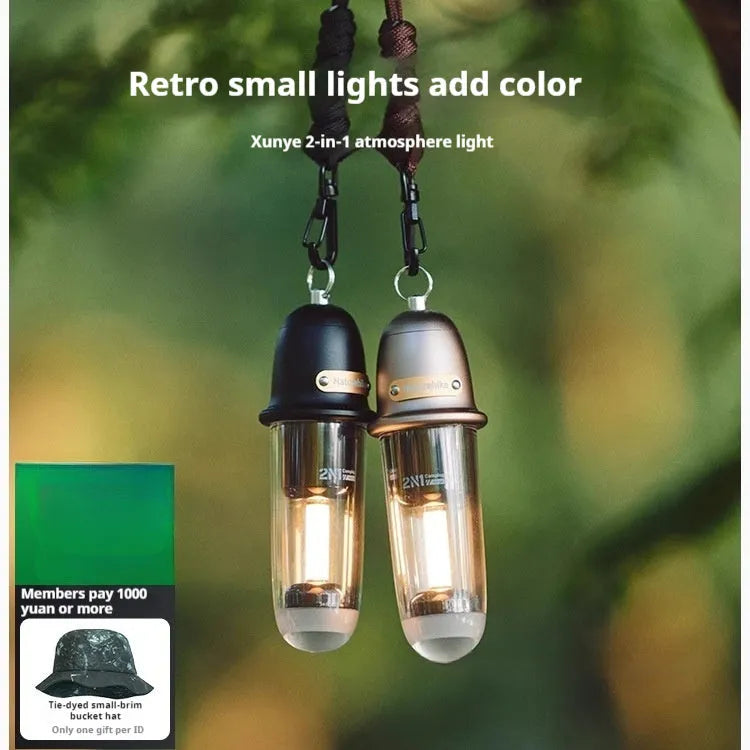 Portable camping lantern tent light in Misty Brown or Starry Night Black with hanging rope and Type-C cable
