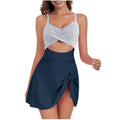 Women's strapped one-piece swimsuit in striped grey-blue, shown in size L on a mannequin